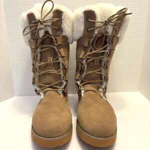 EMU Ridge Australia Women Size 9 Lace Up  Sheepskin Boots Tan Wool Blend Lined